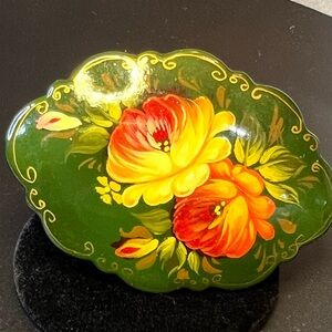 Vintage Brooch Russian Hand-Painted Lacquer Floral Signed Green Art Pin